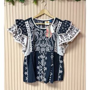 Farm Rio x Anthropologie Printed Flutter-Sleeve Top Navy/White Women’s Size L